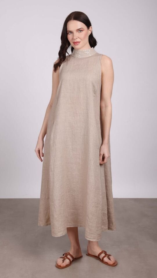 Payet Balıkçı Yaka Detaylı Keten Elbise Bej