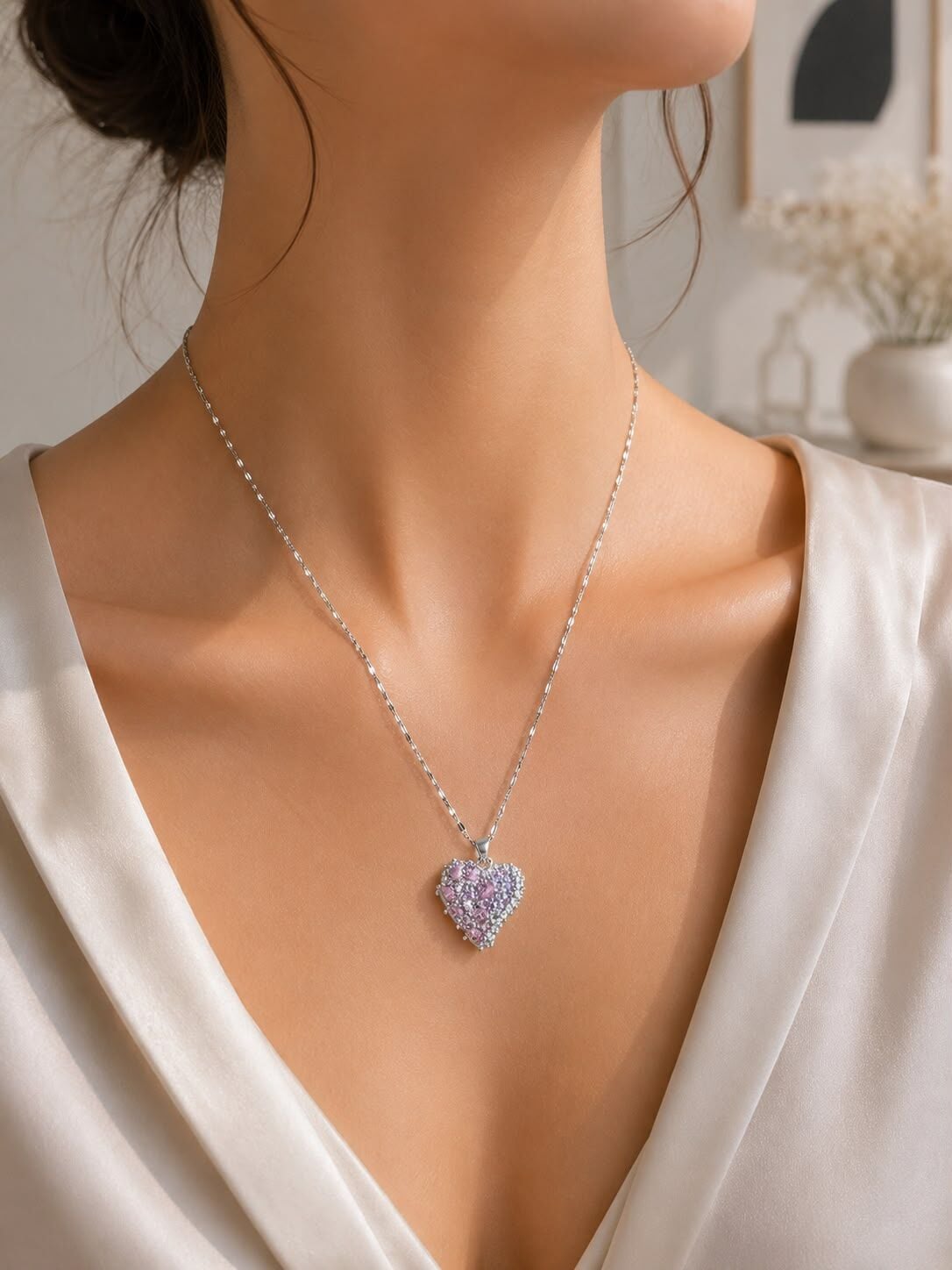 Pembe Zirkon Taşlı Kalp Figürlü Çelik Kolye – Silver