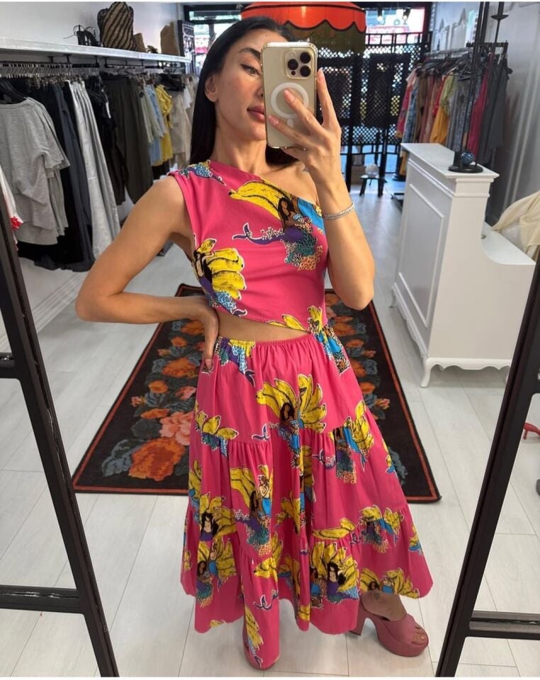 Rhode Resort Tarzı Pembe Muz Desenli Elbise