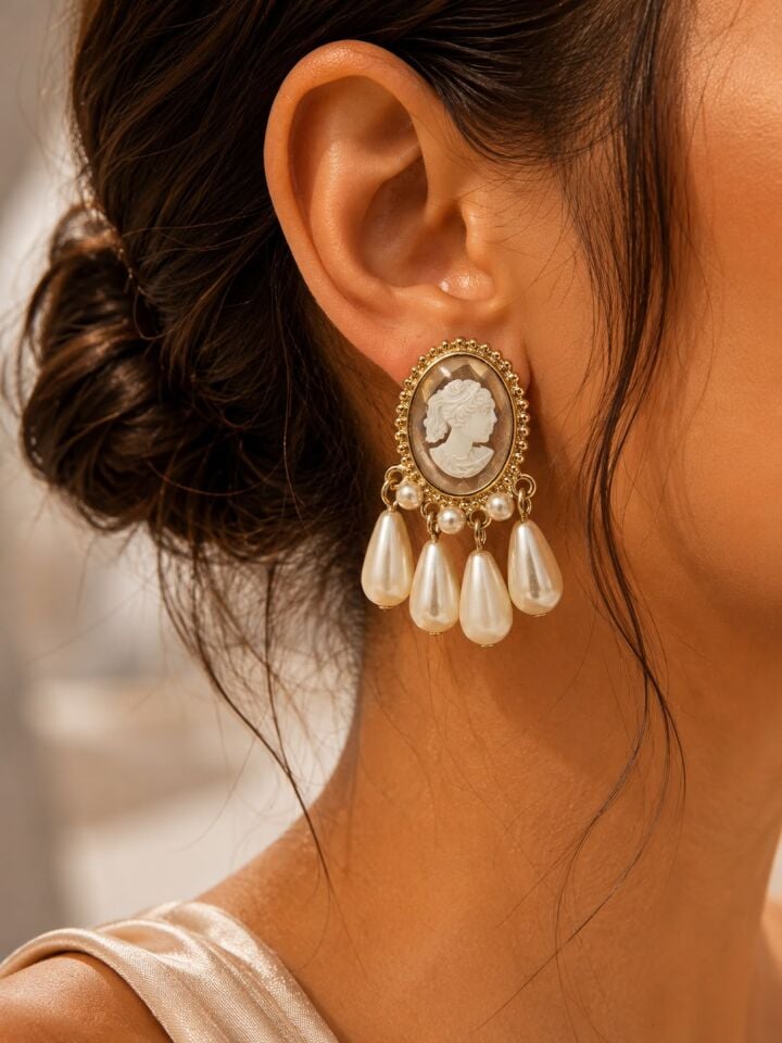 Cameo Figürlü İnci Sallantılı Vintage Küpe – Gold