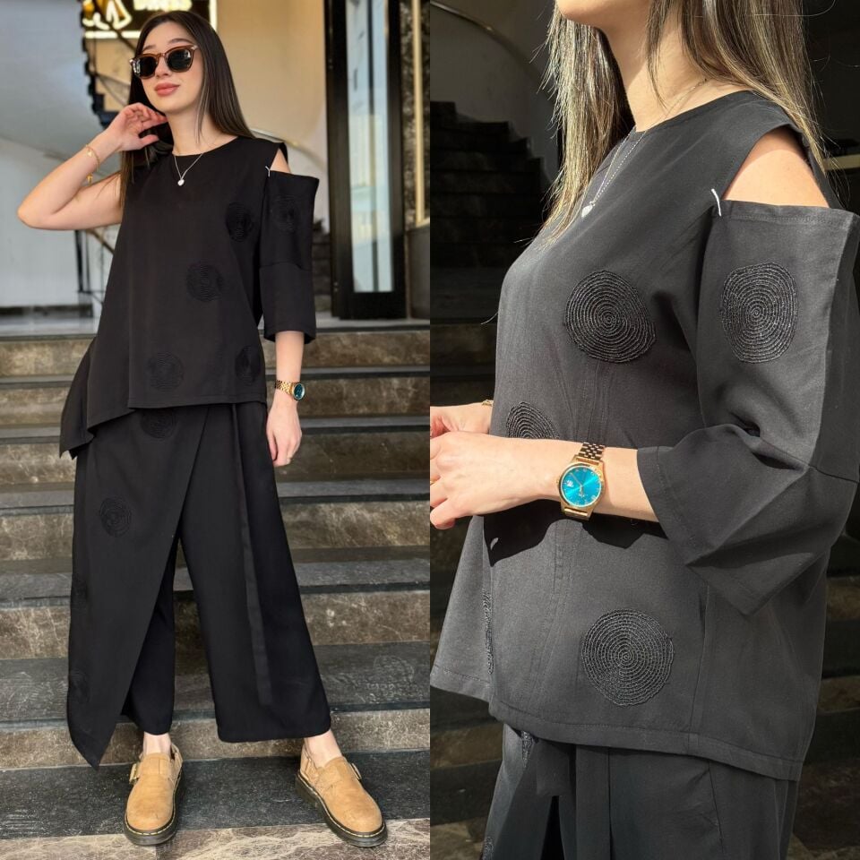 Nokta Detaylı Şıklık Asimetrik Bluz S - Siyah
