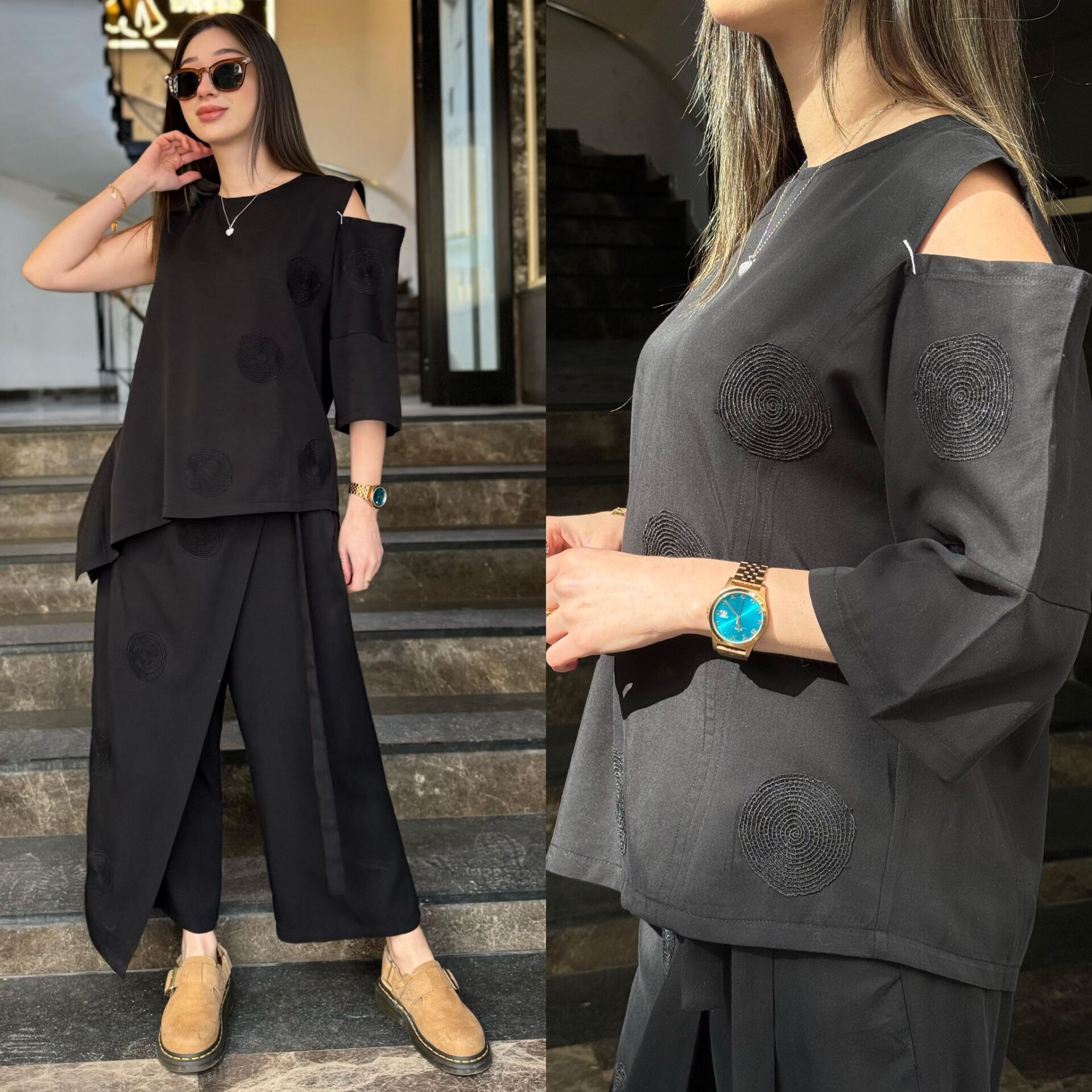 Asimetrik Kesim Domino Desenli Pantolon S - Siyah
