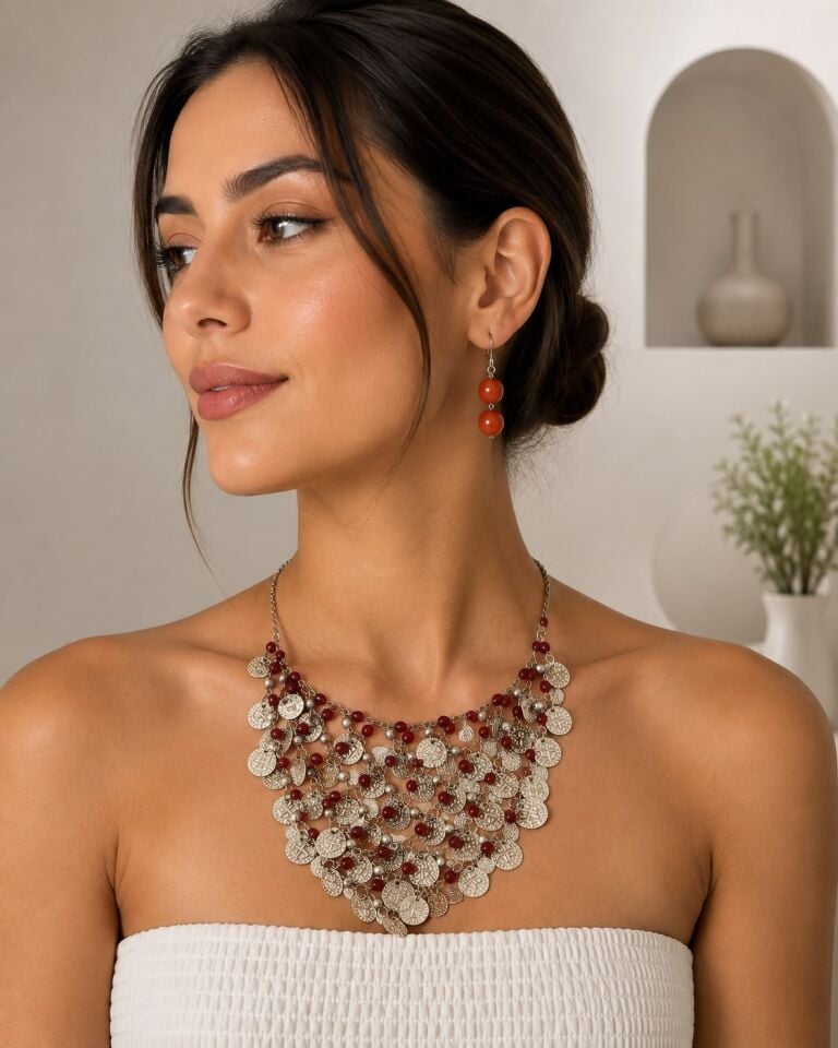 Bordo Boncuklu Otantik Para Detaylı Kolye