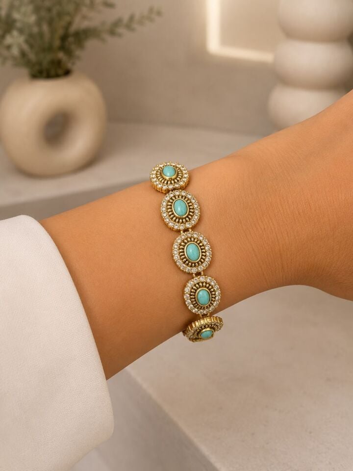 Turkuaz Taşlı Gold Vintage Bileklik