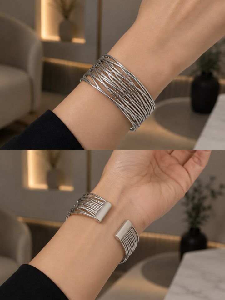 Gümüş Renk Çok Sıralı Tel Kelepçe Bileklik