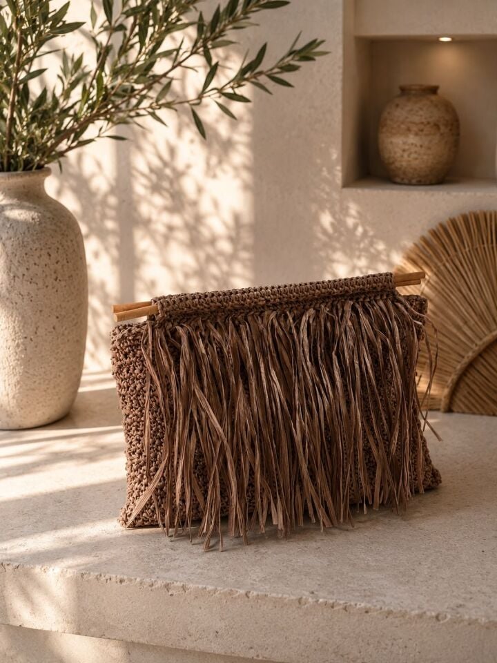 El Yapımı Kahve Püsküllü Bohem Clutch Çanta
