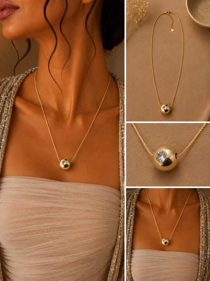 Tektaş Detaylı Gold Küre Kolye