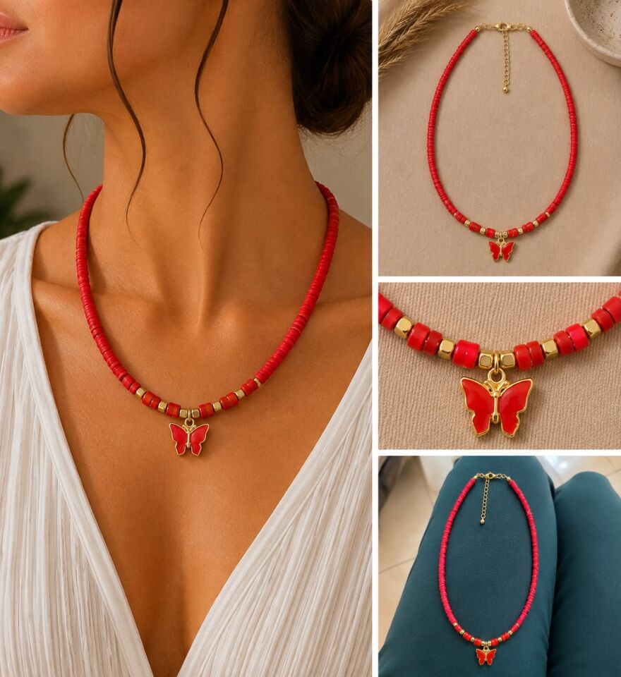 Red Butterfly Kelebek Detaylı Boncuk Kolye