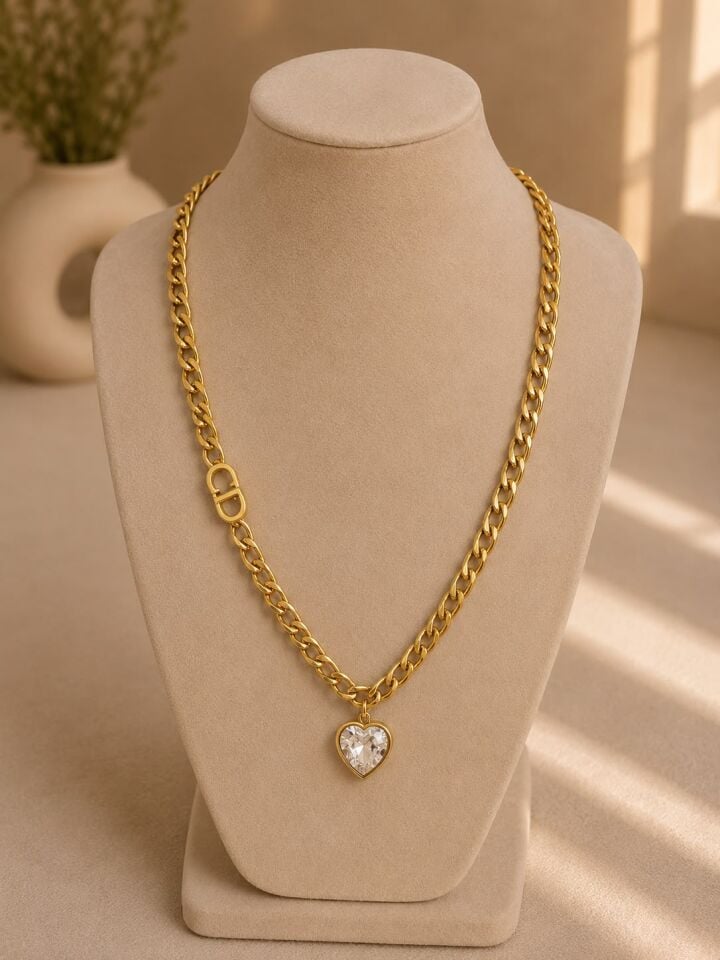 Gold Zincir Kalp Taşlı Kolye